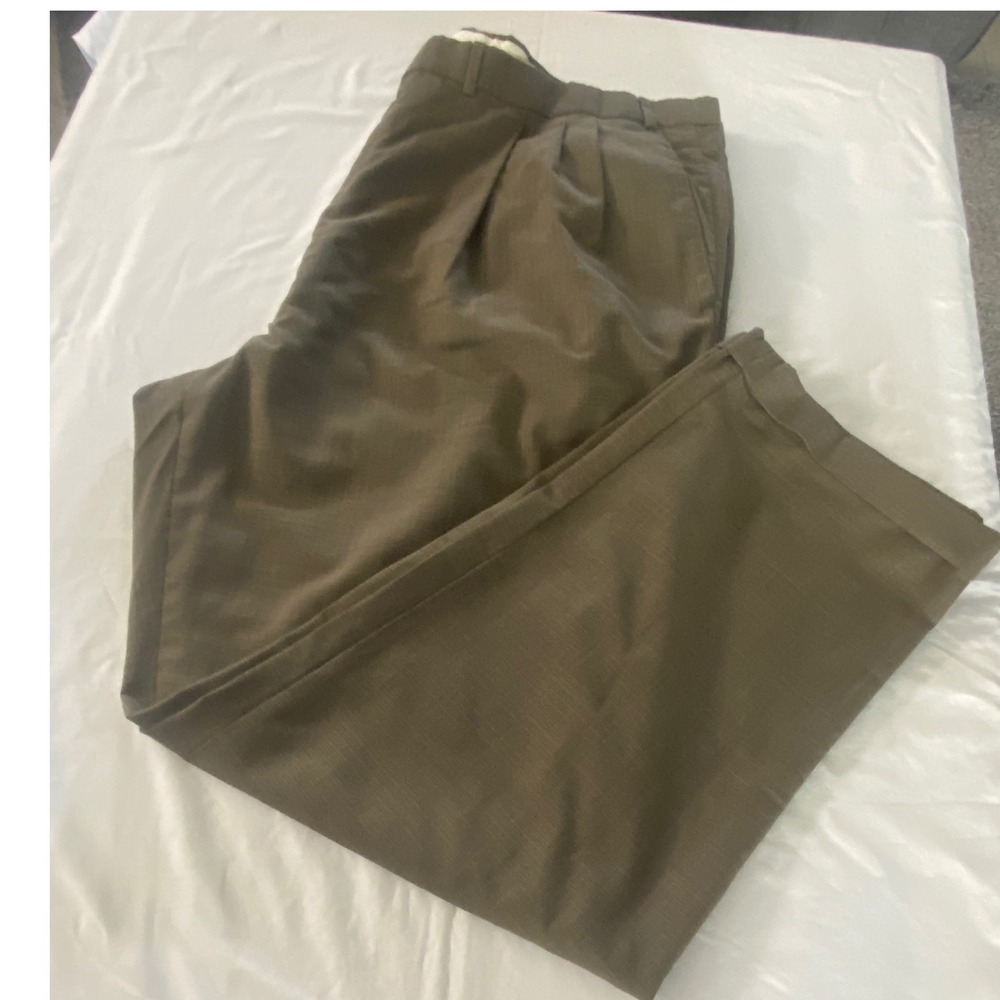 Paul Dione Mens Pleated Cuffed Dress Pants Olive Brown Textured Trousers 44x31
